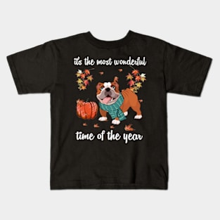 Bulldog Dog Autumn Fall Most Wonderful Time Maple Gift Kids T-Shirt